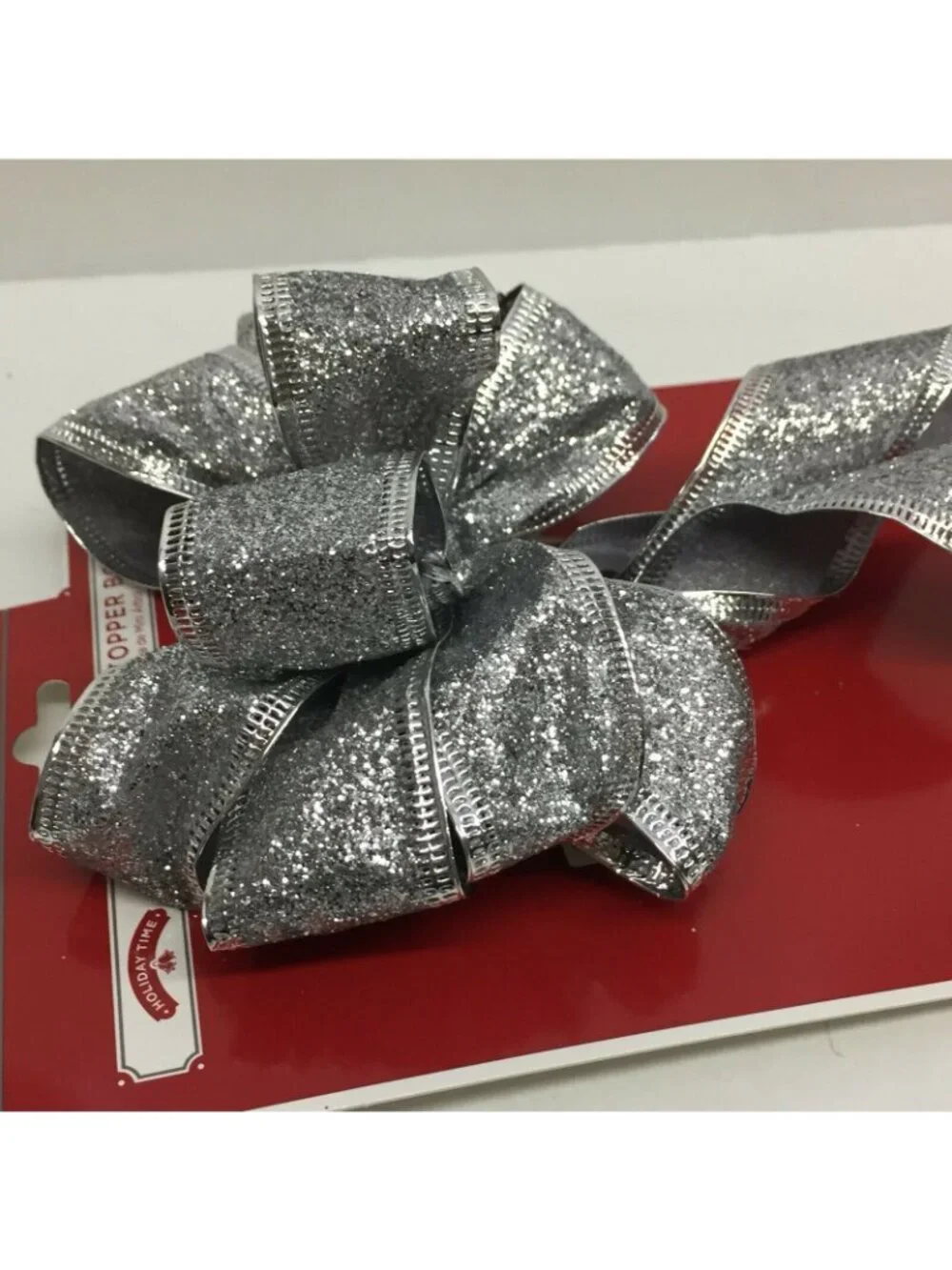 Holiday Time Silver Glitter Narrow Wired Edge Christmas Gift Bow Package Wedding